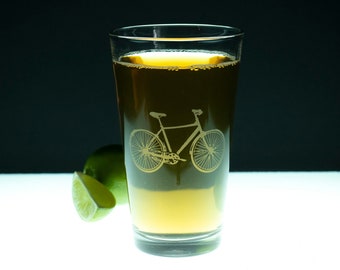 Bicycle Beer Pint Glass Set (4 glasses) - hand etched - GREAT GIFT!