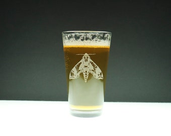 Moth Beer Pint Glasses (2)  - hand etched - GREAT GIFT!