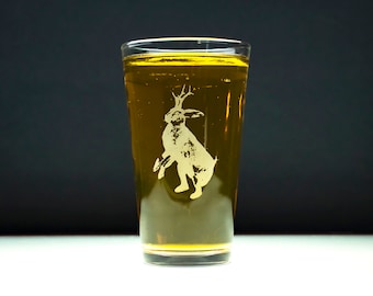 Hand Etched Jackalope Pint Glass - Sandblasted 16 oz Beer Glass
