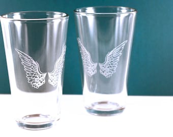 Angel Wings Beer Pint Glasses (2)  - hand etched - GREAT GIFT!