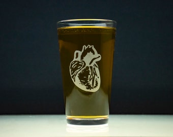 Anatomical Heart Beer Pint Glasses (4) - hand etched - GREAT GIFT!