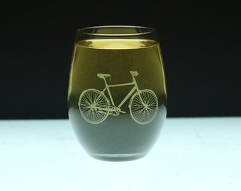 Bicycle Stemless Wine Glass - hand etched - GREAT GIFT!