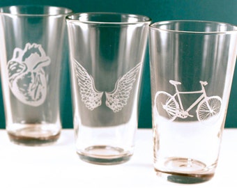 Hand Etched Beer Pint Glasses (Set of 4): Mix & Match Designs