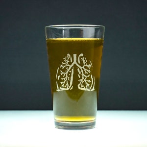 Hand Etched Anatomical Lung Beer Pint Glass: Sandblasted Design