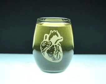 Anatomical Heart Stemless Wine Glass - hand etched - GREAT GIFT!