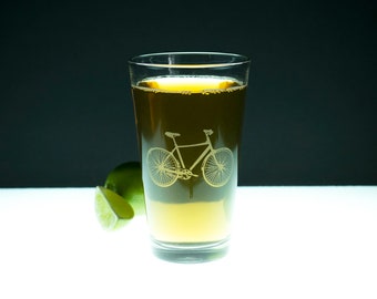 Hand Etched Bicycle Pint Glass: Sandblasted Bike Sketch