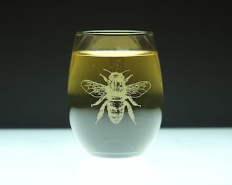 Bee Stemless Wine Glass - hand etched - GREAT GIFT!