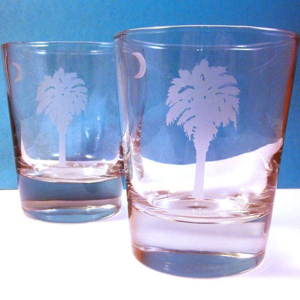 SC Palmetto Tree Whiskey Cocktail Old Fashioned Glass - hand etched - GREAT GIFT!