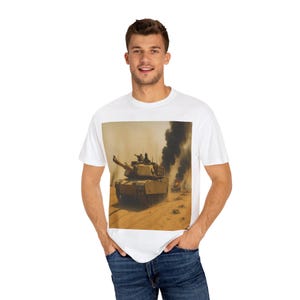 Gulf War M1A2 Abrams Tank T-Shirt, Realistic Battle Scene Tee with Burning T-72s, Gift for Veterans, Army Appreciation, History Enthusiasts