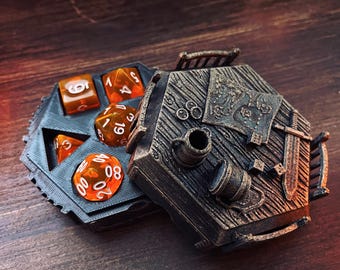 Stylized Dice Box with Dice set for Dungeons and Dragons and other Tabletop Roleplaying Games! - They Have Met in The Tavern