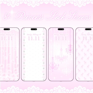 May include: Four smartphones showcasing pink princess-themed lock screens. Each screen has a unique design, such as floral patterns, a chandelier, and a lace border. The text "8+ Princess Lock Screens" is displayed above the phones.