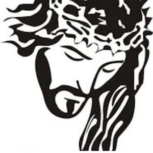 May include: Black and white illustration of a person's face with a crown of thorns. The text "The Indigo Mitten" is below the image.