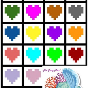 Puede incluir: Una cuadrícula de 20 corazones pixelados en varios colores, incluyendo rojo, morado, azul, naranja, verde, rosa, amarillo y marrón. Los corazones están dispuestos en cuatro filas de cinco corazones cada una. El texto "The Savvy Pearl" es visible en la esquina inferior derecha de la imagen.