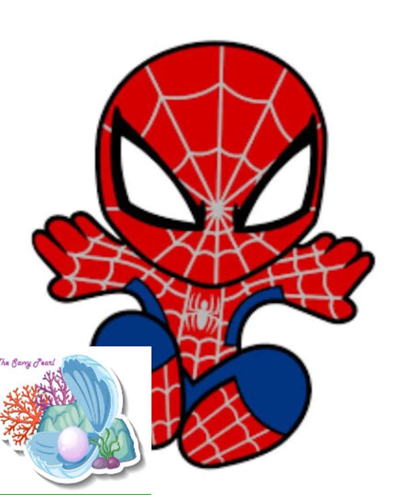 May include: A cartoon illustration of a red and blue Spiderman with a white spider web design. The Spiderman is sitting with its arms outstretched.