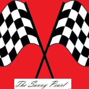 May include: Two black and white checkered flags crossed over each other on a red background. The text "The Savvy Pearl" is at the bottom of the image.