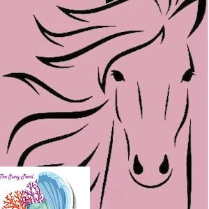 May include: A black line drawing of a horse's head with flowing mane on a pink background. The text "The Sunny Pearl" is in the lower left corner of the image. A sticker of a pearl in a seashell with coral and seaweed is in the lower left corner of the image.