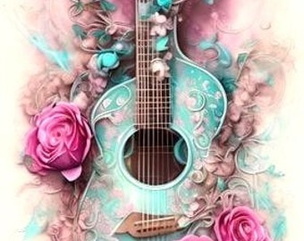 May include: A turquoise acoustic guitar with floral designs and pink roses, surrounded by a pink and white floral background. The text "The Savvy Pearl" is written above the guitar.