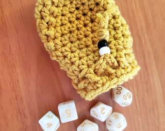 D and D dice set with handmade pouch, 7 piece, white, pearly, small crocheted drawstring pouch included, gift ideas, game set, teens