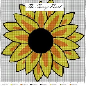May include: A pixelated sunflower design with yellow, orange, and black colors. The flower has a large black center and is surrounded by yellow petals with orange accents. The text "The Savvy Pearl" is at the top.