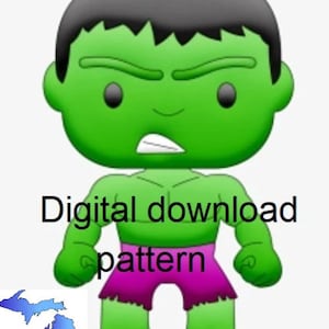 Può includere: Modello di download digitale di un personaggio di cartone animato verde Hulk con pantaloncini viola. Il personaggio ha i capelli neri e un'espressione seria.