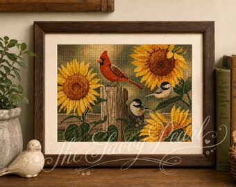 May include: A framed cross-stitch embroidery depicting a bright red cardinal perched on a wooden fence post alongside two black and white chickadees, all surrounded by large yellow sunflowers with green leaves against a soft background.