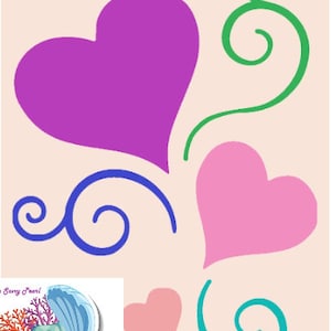 Może przedstawiać: Wzór z sercami w kolorze różowym, fioletowym i jasnoróżowym z zielonymi, niebieskimi i turkusowymi zawijasami. Obraz zawiera również naklejkę z perłą w muszli z koralem i wodorostami.