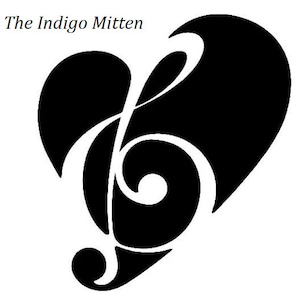 Pode incluir: Design gráfico preto e branco de uma clave de sol dentro de uma forma de coração. O texto "The Indigo Mitten" está acima do design.