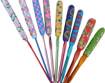 Clay covered metal crochet hooks, ergonomic, easy on the hands, gift ideas, pretty, flower, designs, colorful, assorted designs, set of 9