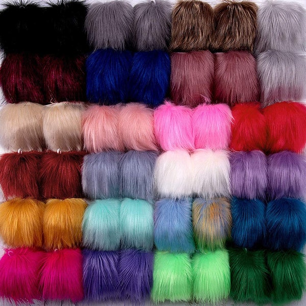 Furry pom poms, faux fur, 10cm/4 inch, assorted colors, random, nice quality, for hats, for shoes, for skates, backpacks, zipper pulls
