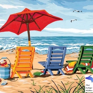 Cross-Stitch PATTERN for Beach Day, digital download, PDF instant download, summer, umbrellas, beach chairs, ocean, diy project, gift