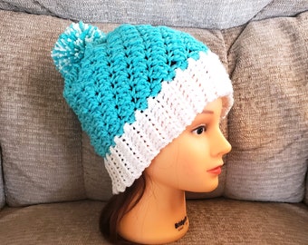 Women's aqua beanie style hat, aqua and white, with pom pom, winter accessory, warm, soft, hand crocheted, textured, minimalist, style