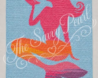 May include: A rectangular crochet blanket featuring a light blue background with a central graphic of a mermaid in pink, orange, and purple tones. The mermaid is depicted blowing bubbles, with the text The Savy Pearl overlaid in white script.