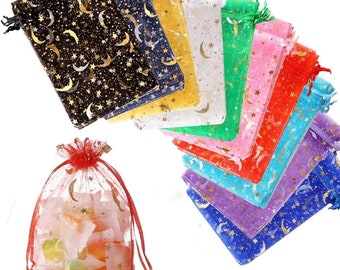 Organza gift bags, celestial, moons and stars, different colors, choose your size and quantity, wedding, candy, sachets, jewelry, shells