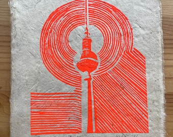 Berlin TV Tower Linocut Print – Neon Red Orange Berlin Wall Art, Handmade Print on Lokta Paper, Fernsehturm Berlin, Architecture Art