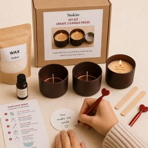 May include: A DIY candle-making kit with a brown box, wax, essential oil, and candle containers. The kit includes instructions and materials to create two candle pieces. One lit candle reads "You are my home."