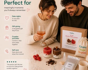 May include: A DIY candle making kit featuring a cardboard box labeled Stulkits, a beige drawstring bag with the text Create Shape Inspire, two glass jars with candle wax, a bag of wax, a small bottle, and two empty glass jars on a table.