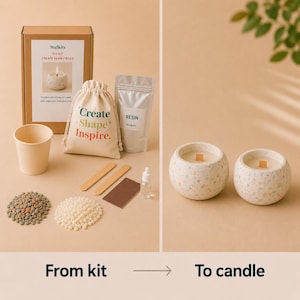 May include: A DIY resin kit by Stulkits including a cardboard box, a drawstring bag with the text Create Shape Inspire, a silver resin pouch, a paper cup, wooden stirrers, a small bottle, and two speckled round candles with wooden wicks.