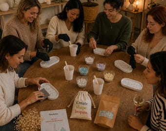 May include: Five people sit around a round wooden table crafting with resin supplies. The table holds white oval trays, small cups with colorful resin chips, wooden stir sticks, a beige drawstring bag labeled Create Shape. Inspire., and a kit box.