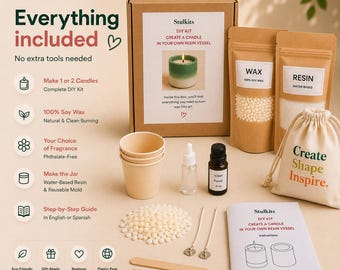 May include: A Stulkits DIY candle making kit featuring a cardboard box, pouches of soy wax and resin, a drawstring bag with the text Create Shape Inspire, paper cups, a scent bottle, a dropper, wicks, wooden stirrers, and an instruction booklet.
