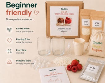 May include: A Stulkits DIY candle making kit featuring a cardboard box, two clear glass containers, paper cups, wax pellets in pouches, a small bottle, a drawstring bag with the text Create Shape Inspire, and an instruction booklet with candle drawings.