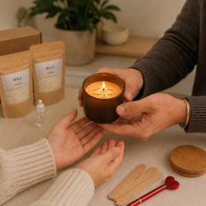 May include: A lit brown candle with the text "Will you marry me?" is held between two people. The candle is surrounded by wax beads, a dropper bottle, wooden sticks, and a red pen with a heart-shaped top. The candle is the focal point.