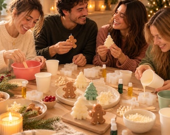 May include: A candle making kit featuring silicone molds in shapes of gingerbread people, Christmas trees, and snowflakes. The set includes white wax, small bottles of essential oils, paper cups, and a pink mixing bowl on a wooden table.