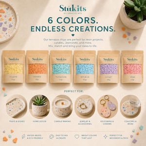 Pode incluir: Seis saquetas de 50g de lascas de mosaico Stükits em amarelo, laranja, turquesa, azul-celeste, violeta e rosa. O texto diz 6 COLORS. ENDLESS CREATIONS. e mostra exemplos de tabuleiros, vasos, velas, joias, porta-chaves e bases para copos.