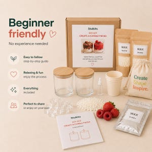 Può includere: Un kit per la creazione di candele fai-da-te Stulkits composto da una scatola di cartone, due barattoli di vetro con coperchi in bambù, bustine di cera, un contagocce, bicchieri di carta, un sacchetto di cotone e un libretto di istruzioni.