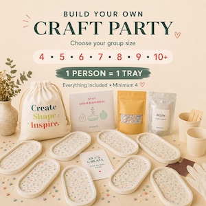 May include: A DIY resin craft kit featuring a beige drawstring bag with the text Create Shape Inspire, a step-by-step guide, resin, a pouch of colorful sprinkles, and eight oval trays with a speckled pattern. The text reads Build Your Own Craft Party.