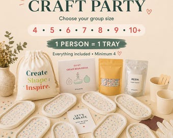 May include: A DIY resin craft kit featuring a beige drawstring bag with the text Create Shape Inspire, a step-by-step guide, resin, a pouch of colorful sprinkles, and eight oval trays with a speckled pattern. The text reads Build Your Own Craft Party.