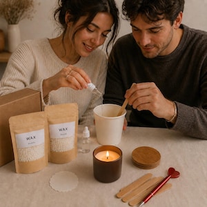 May include: A candle-making kit with brown wax, a lit candle in a brown container, and a person pouring liquid into a cup. The kit includes a small bottle, wooden stirrers, and a pen with a heart-shaped top.