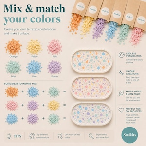 Peut inclure: Un kit de loisirs créatifs avec des petits éclats colorés orange, jaune, rose, menthe, bleu et violet dans des sachets en papier. Trois plateaux ovales en terrazzo sont présentés avec des instructions pour mélanger les couleurs.