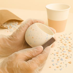 Puede incluir: Un pequeño cuenco de cerámica blanquecina con motas de colores se sostiene con manos enguantadas. Se utiliza un taco de lijar para alisar la superficie del cuenco. Una taza de papel y pequeñas piedras decorativas están en el fondo.