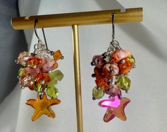 Boucles d'oreilles pendantes en forme d'étoile de mer et d'huîtres épineuses en cristal Swarovski à facettes